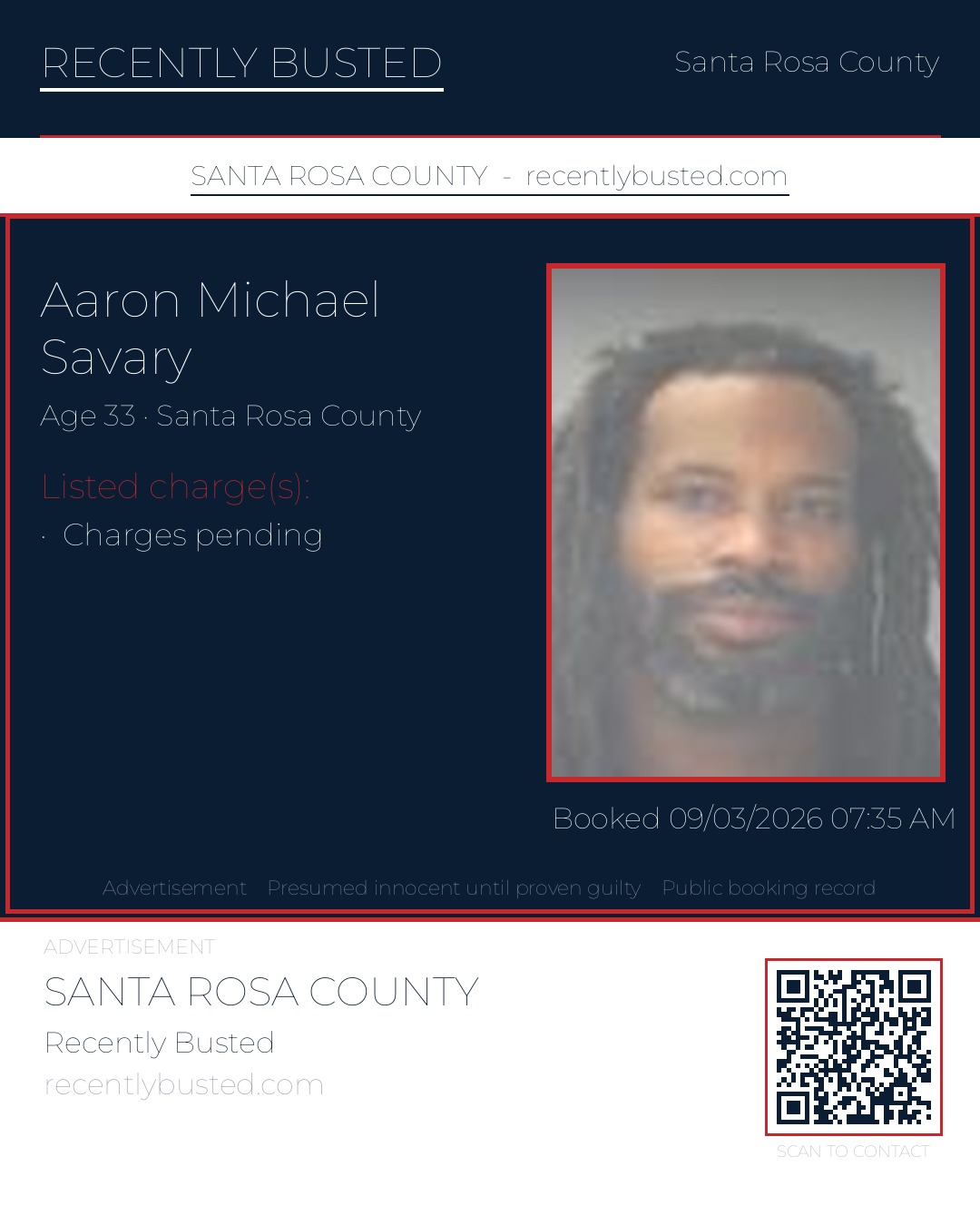 Aaron Michael Savary — arrest record card, Santa Rosa County, Florida