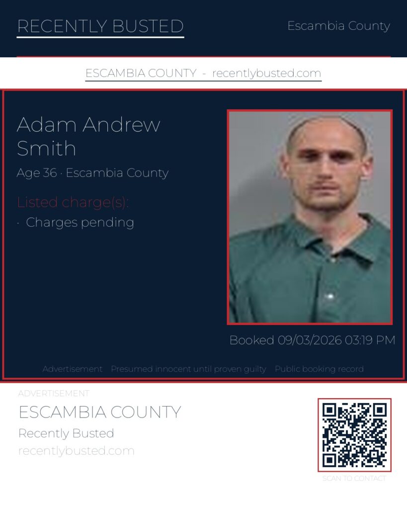 Adam Andrew Smith — arrest record card, Escambia County, Florida