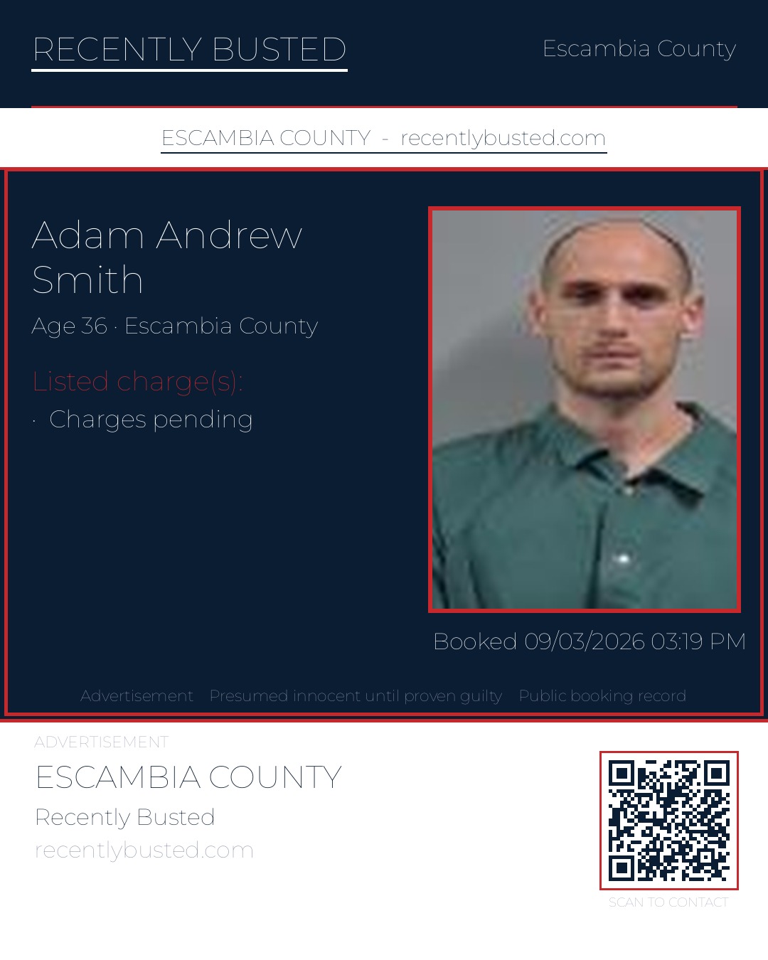 Adam Andrew Smith — arrest record card, Escambia County, Florida