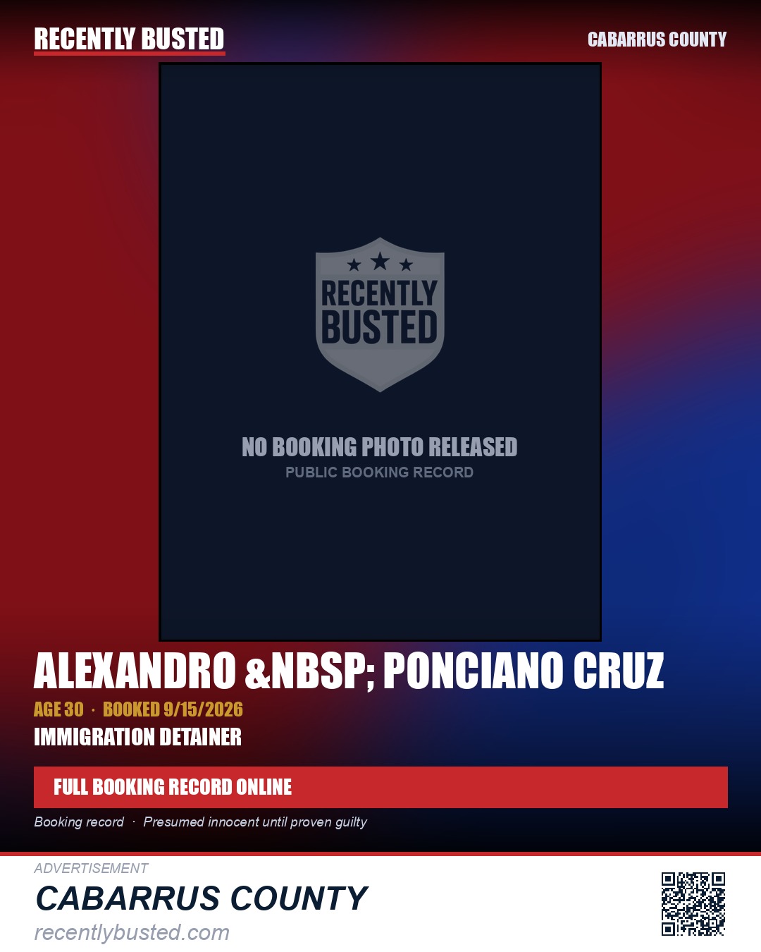 ALEXANDRO PONCIANO CRUZ — arrest record card, Cabarrus County