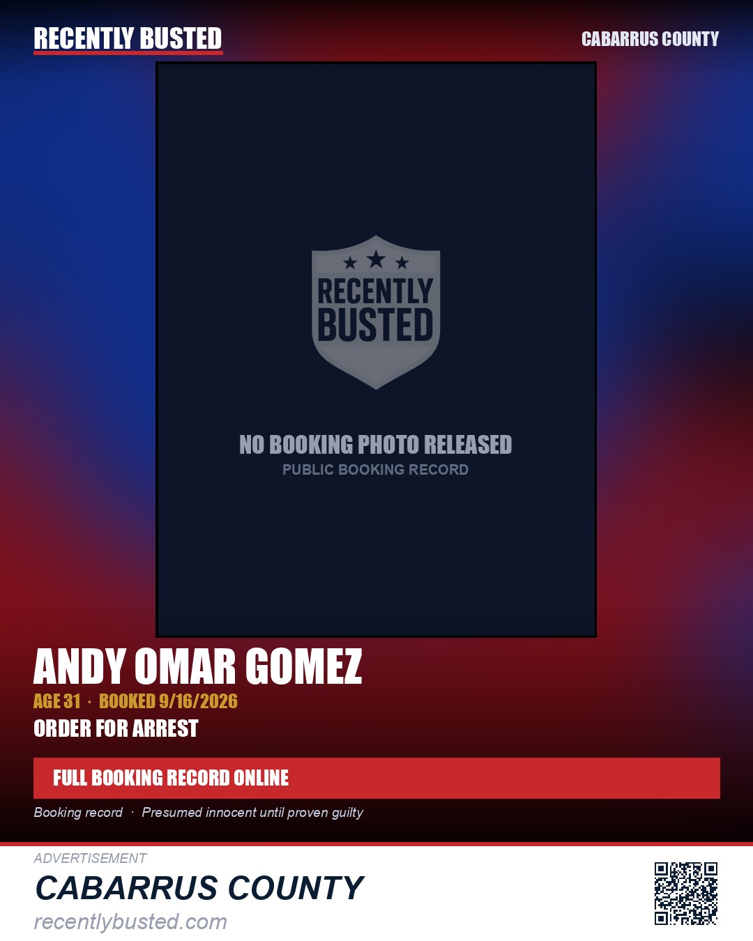 ANDY OMAR GOMEZ — arrest record card, Cabarrus County