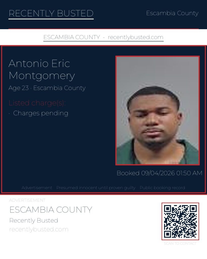 Antonio Eric Montgomery — arrest record card, Escambia County, Florida