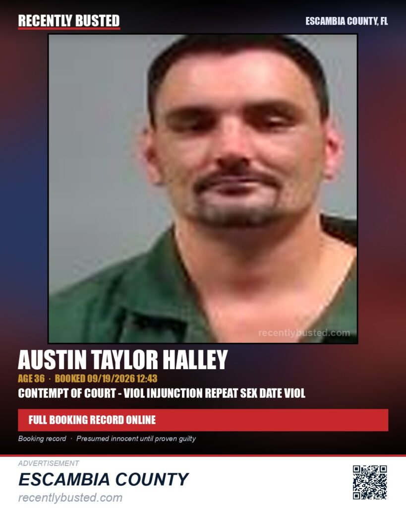 Austin Taylor Halley — arrest record card, Escambia County, Florida