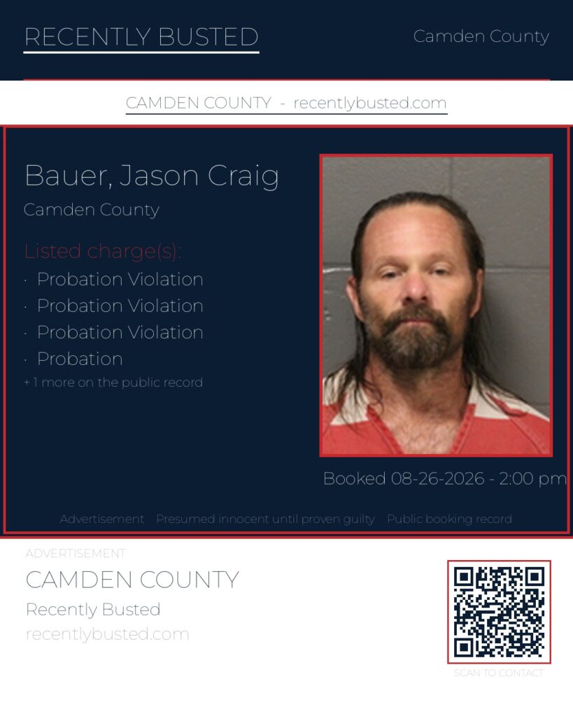 Bauer, Jason Craig — arrest record card, Camden County