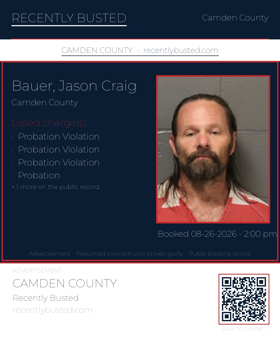 Bauer, Jason Craig — arrest record card, Camden County