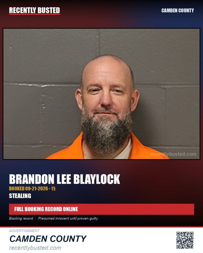 Blaylock, Brandon Lee — arrest record card, Camden County