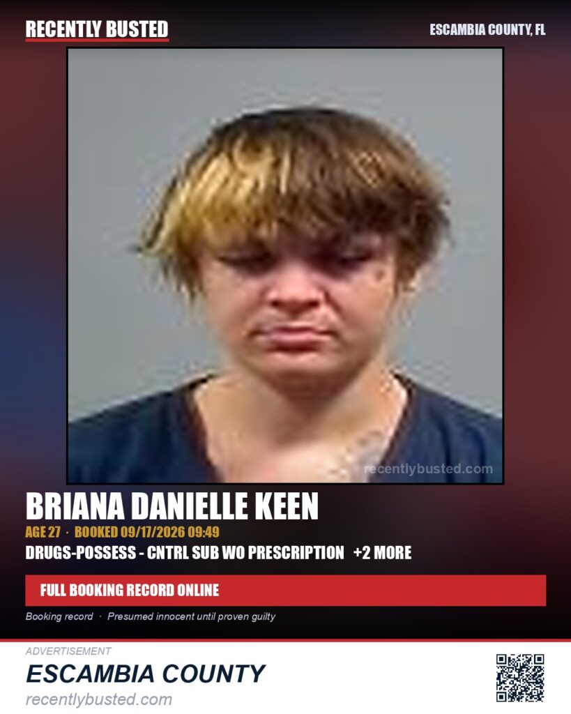 Briana Danielle Keen — arrest record card, Escambia County, Florida