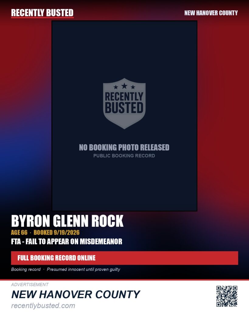 BYRON GLENN ROCK — arrest record card, New Hanover County