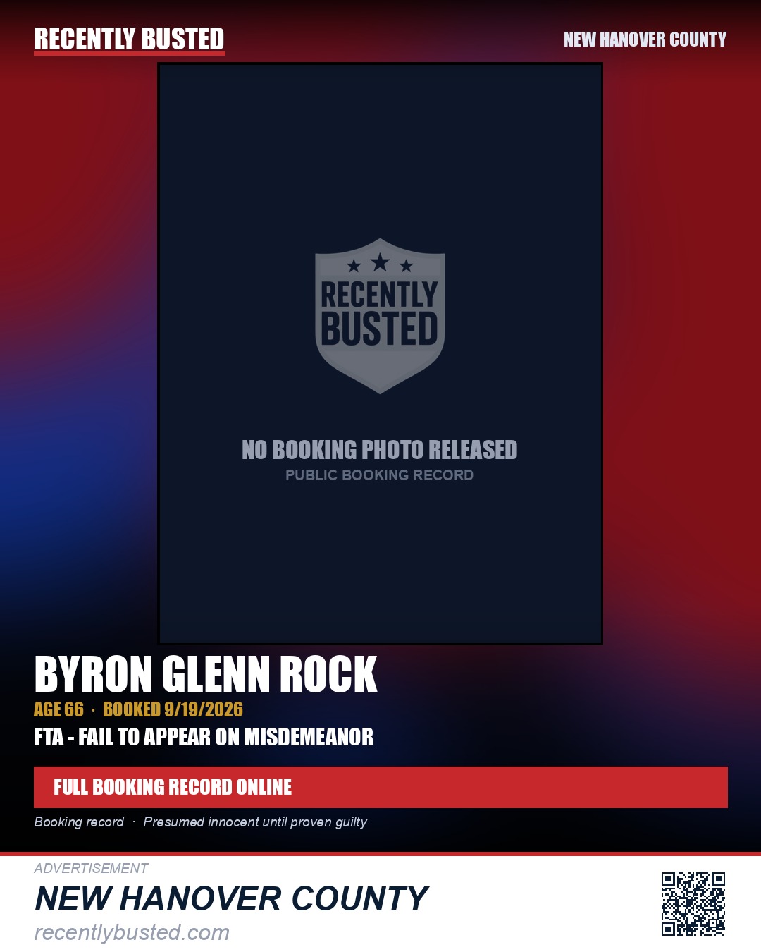 BYRON GLENN ROCK — arrest record card, New Hanover County