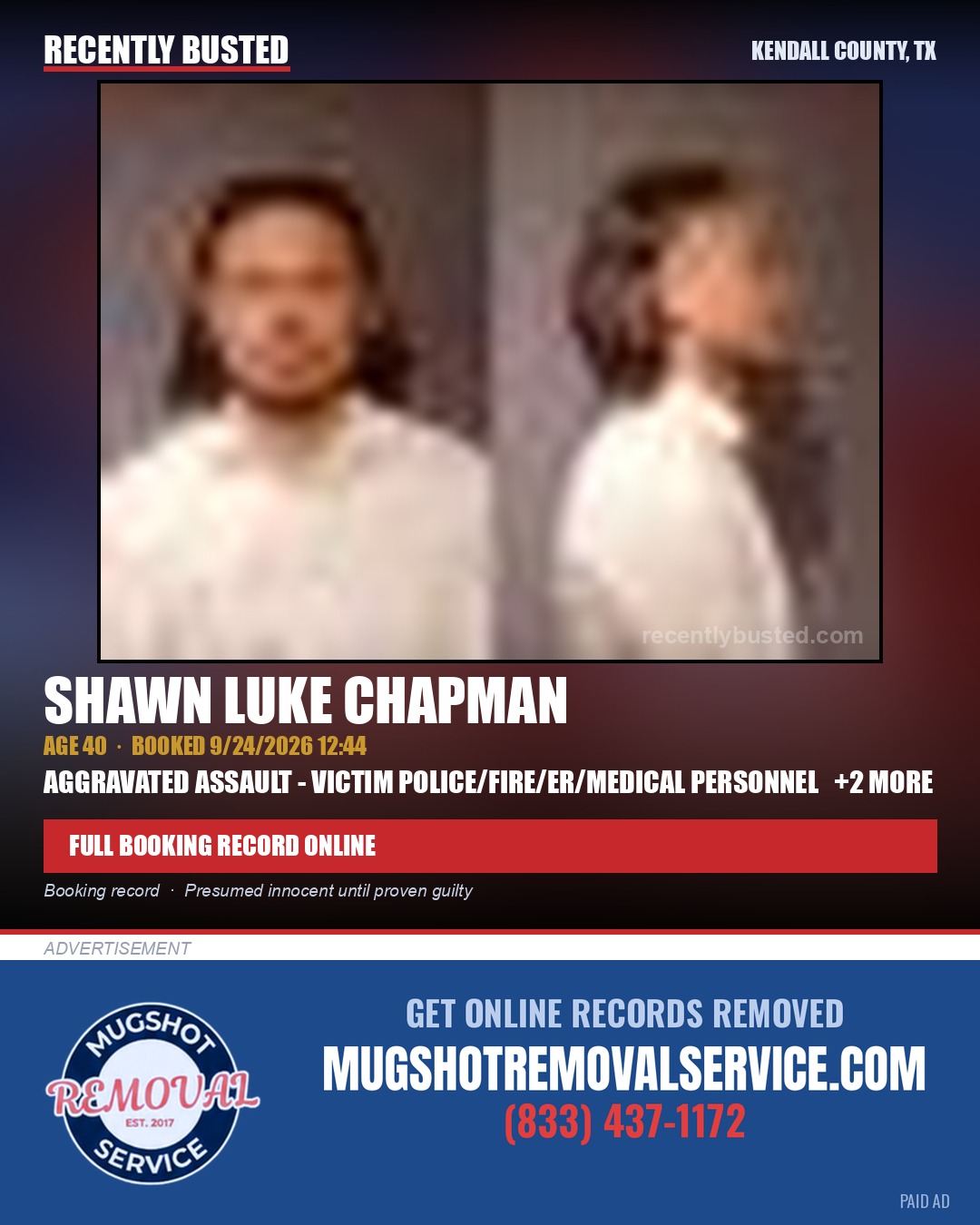 CHAPMAN, SHAWN LUKE — arrest record card, Kendall County, Illinois