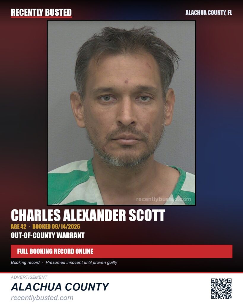 Charles Alexander Scott — arrest record card, Alachua County, Florida