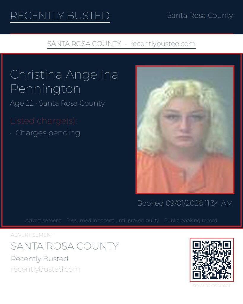 Christina Angelina Pennington — arrest record card, Santa Rosa County, Florida