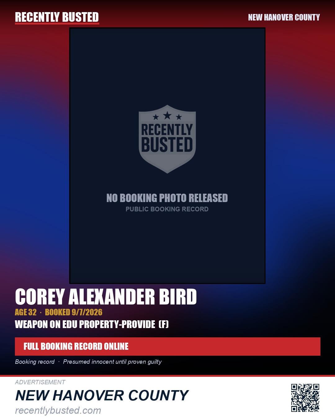 COREY ALEXANDER BIRD — arrest record card, New Hanover County