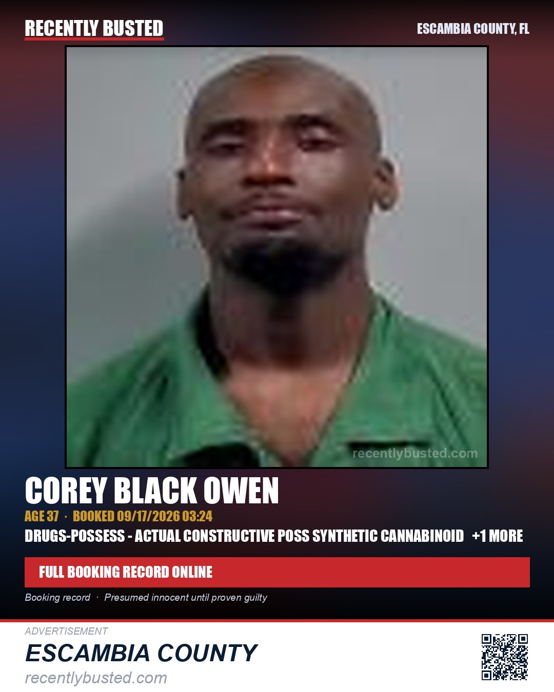 Corey Black Owen — arrest record card, Escambia County, Florida