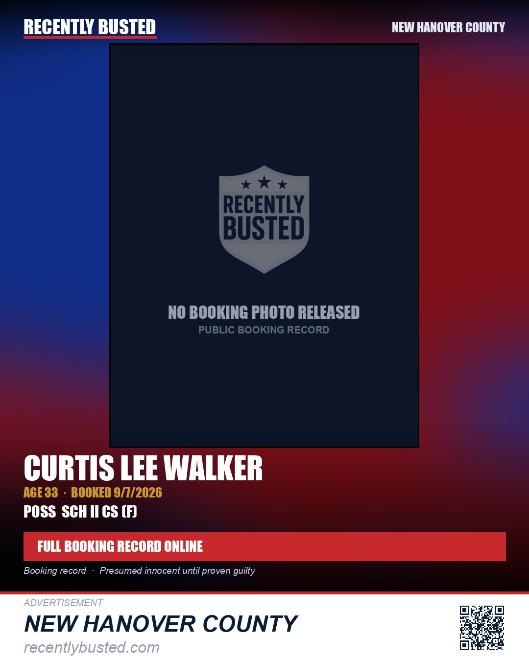 CURTIS LEE WALKER — arrest record card, New Hanover County