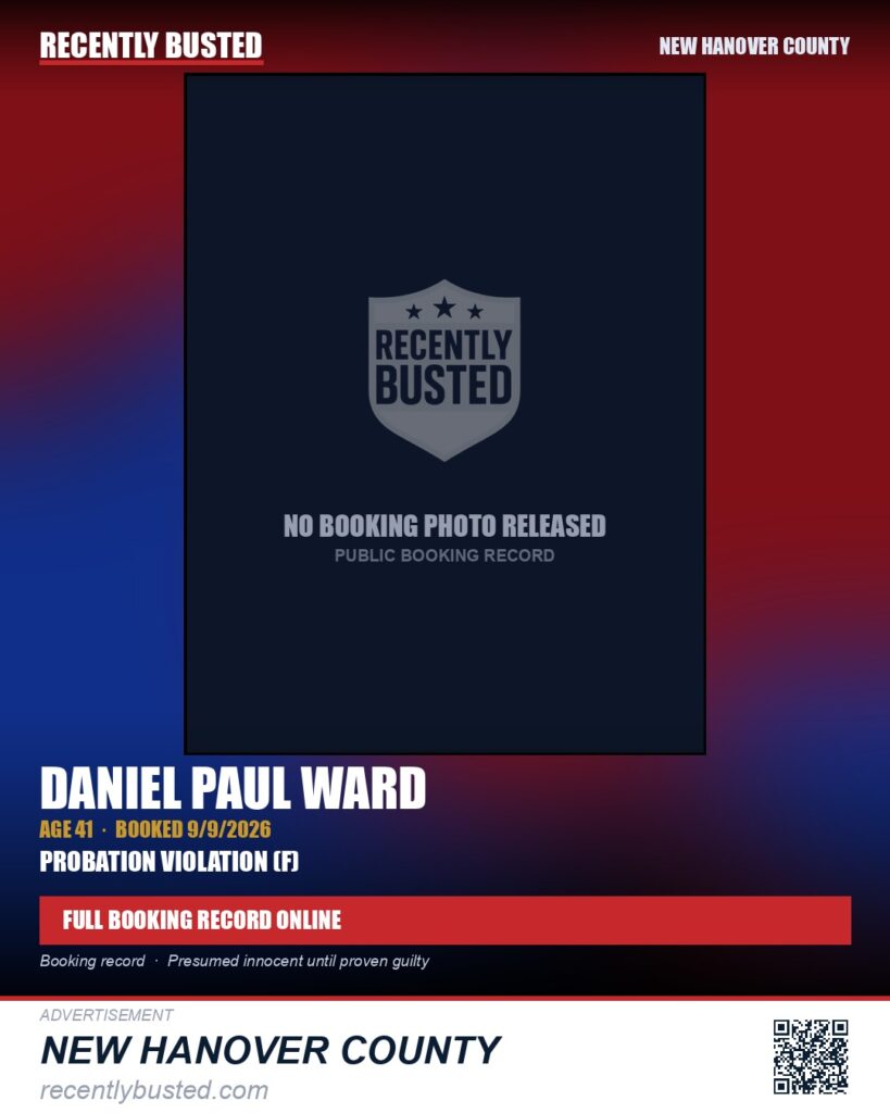 DANIEL PAUL WARD — arrest record card, New Hanover County