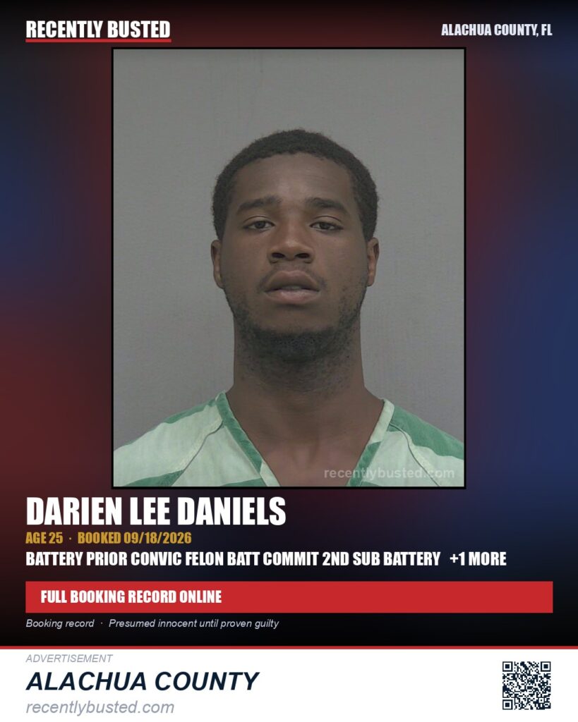 Darien Lee Daniels — arrest record card, Alachua County, Florida