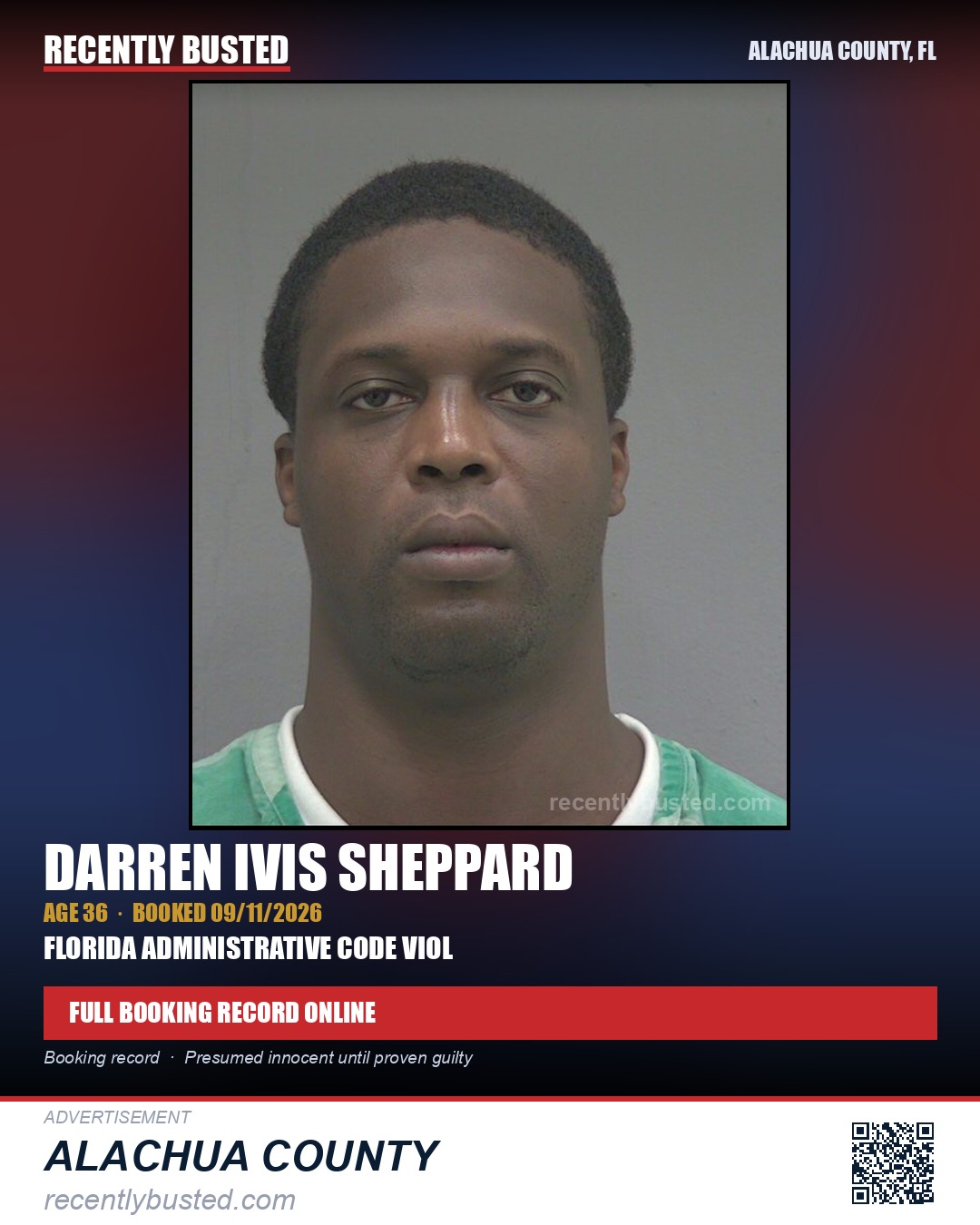 Darren Ivis Sheppard — arrest record card, Alachua County, Florida