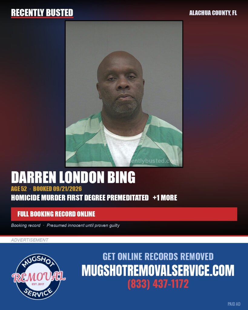 Darren London Bing — arrest record card, Alachua County, Florida