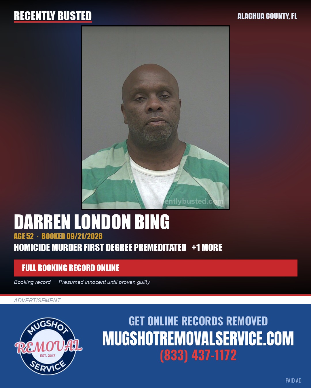 Darren London Bing — arrest record card, Alachua County, Florida
