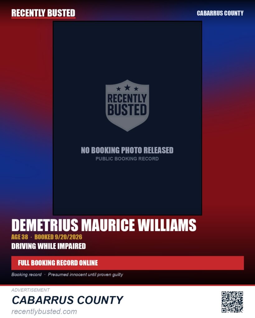 DEMETRIUS MAURICE WILLIAMS — arrest record card, Cabarrus County