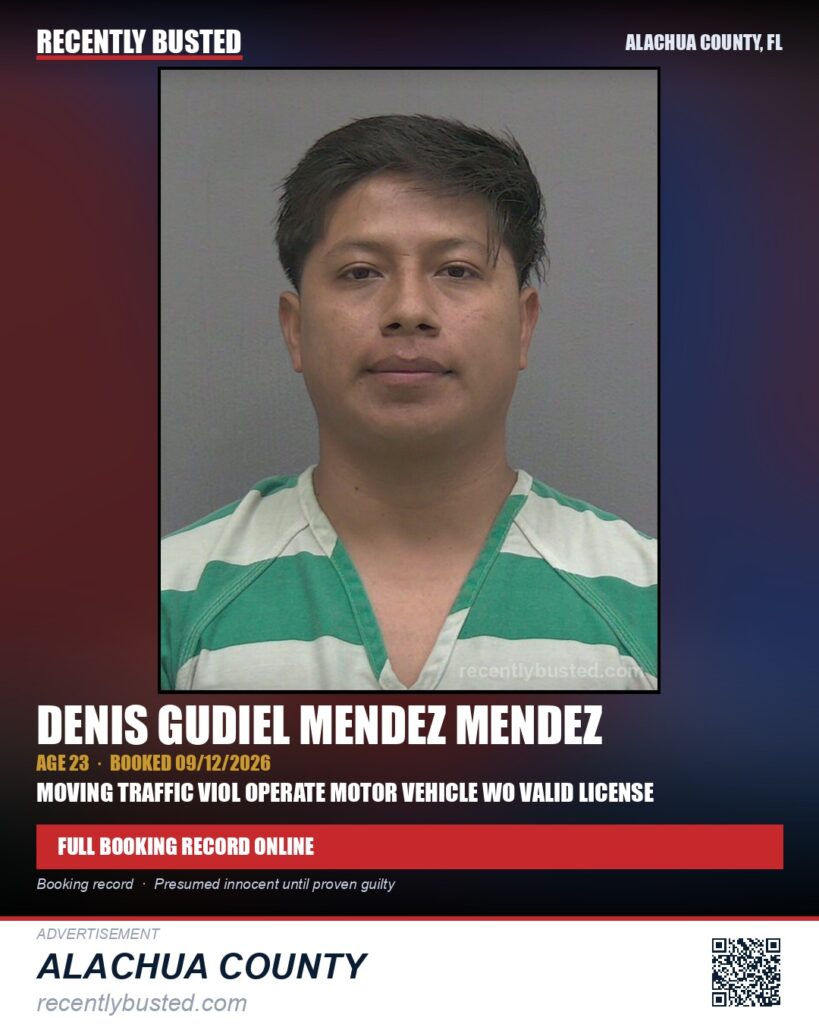 Denis Gudiel Mendez Mendez — arrest record card, Alachua County, Florida