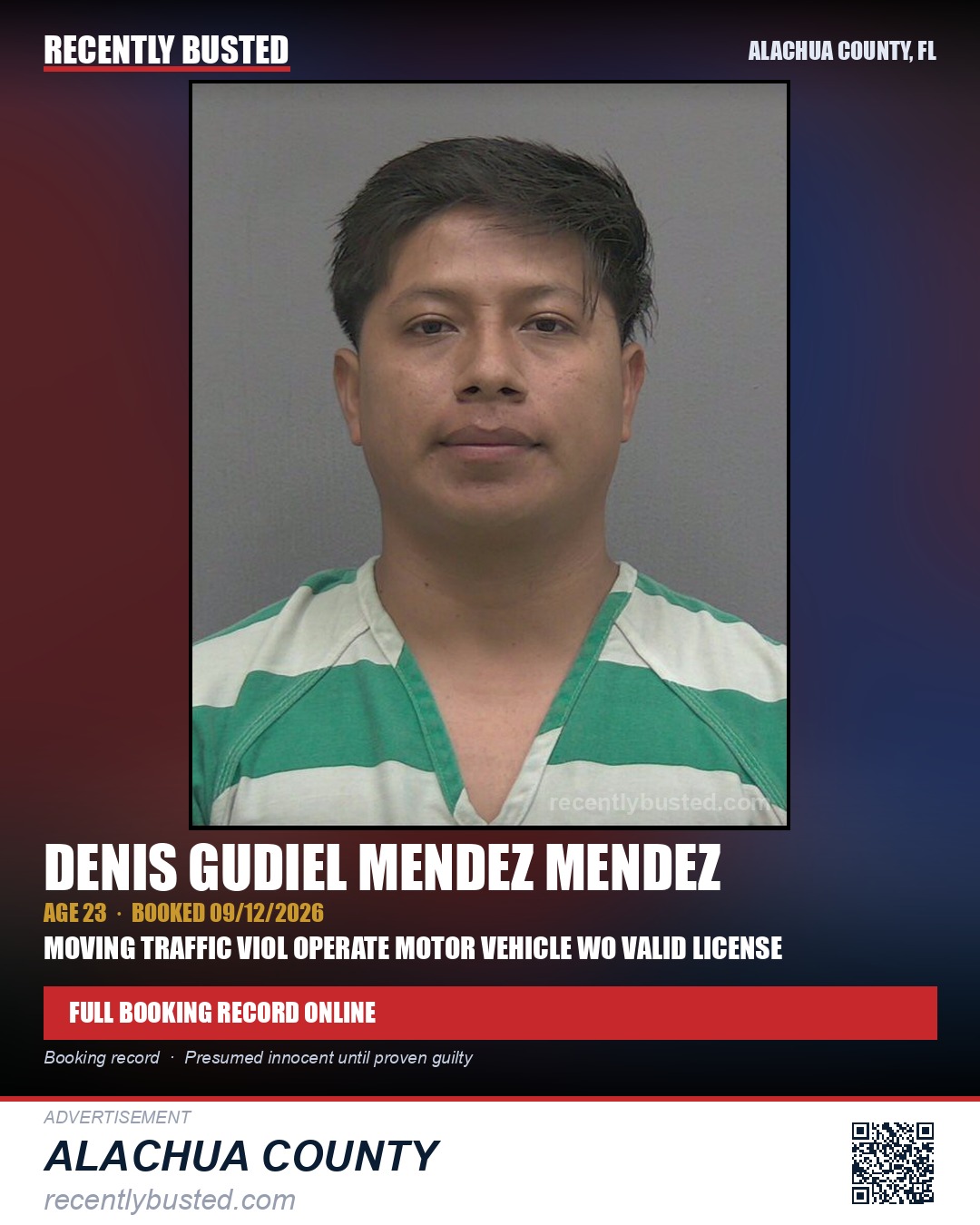 Denis Gudiel Mendez Mendez — arrest record card, Alachua County, Florida