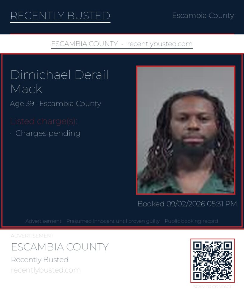 Dimichael Derail Mack — arrest record card, Escambia County, Florida