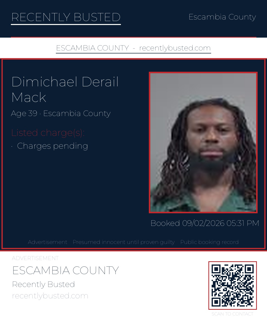 Dimichael Derail Mack — arrest record card, Escambia County, Florida