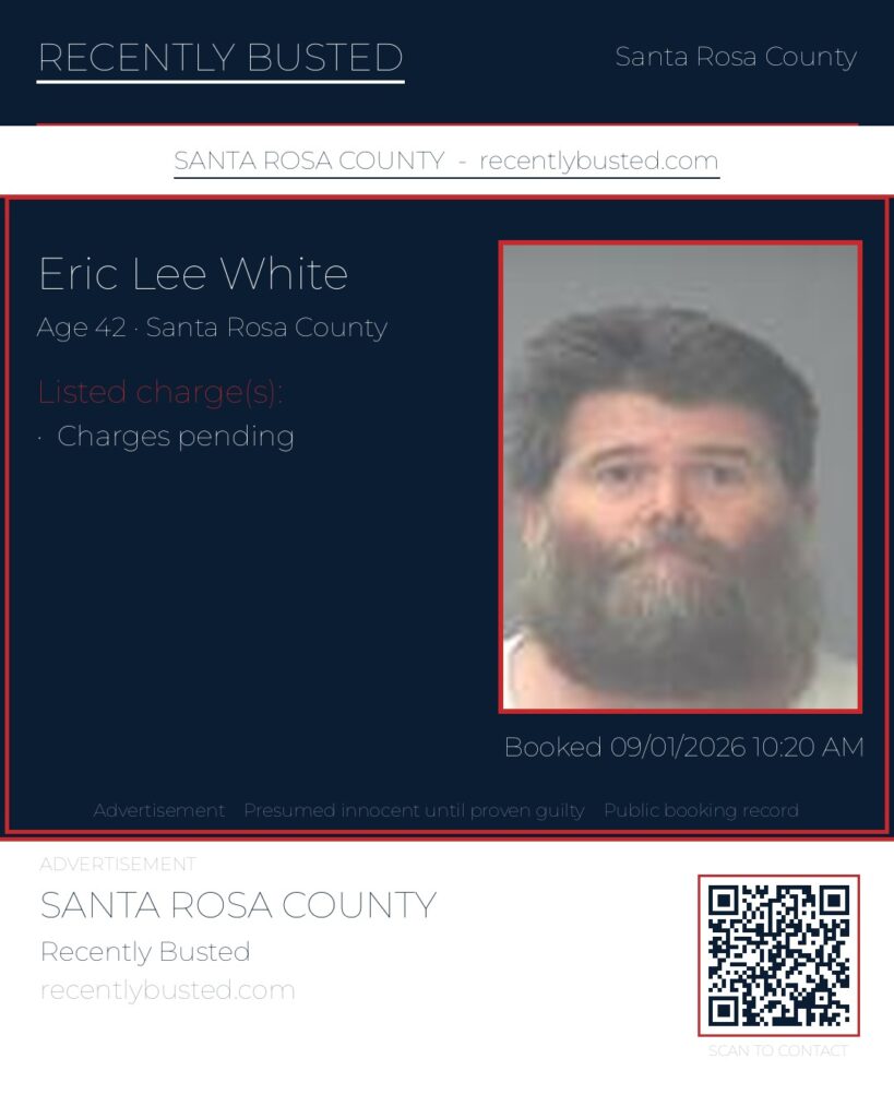 Eric Lee White — arrest record card, Santa Rosa County, Florida