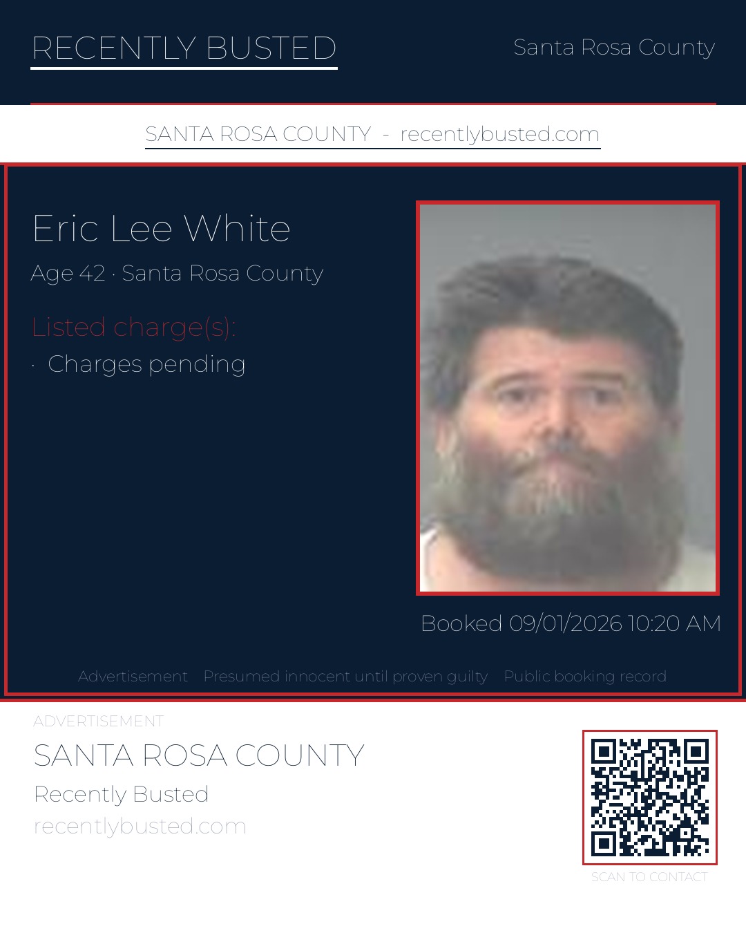 Eric Lee White — arrest record card, Santa Rosa County, Florida