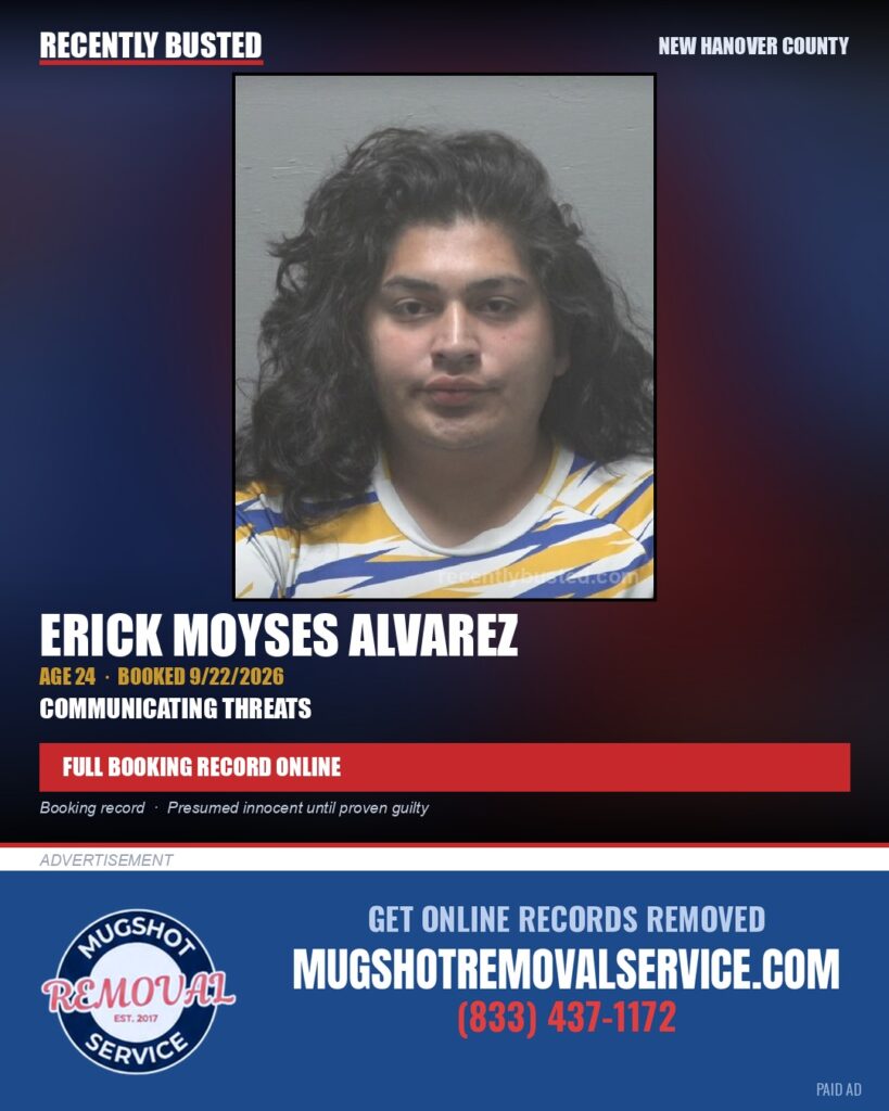 ERICK MOYSES ALVAREZ — arrest record card, New Hanover