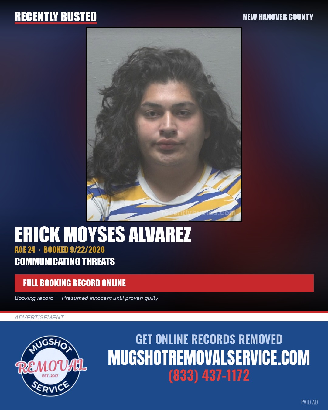 ERICK MOYSES ALVAREZ — arrest record card, New Hanover County