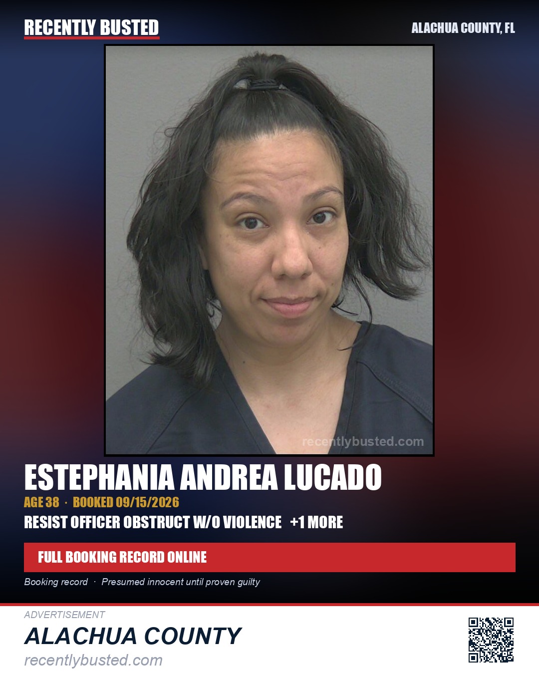 Estephania Andrea Lucado — arrest record card, Alachua County, Florida