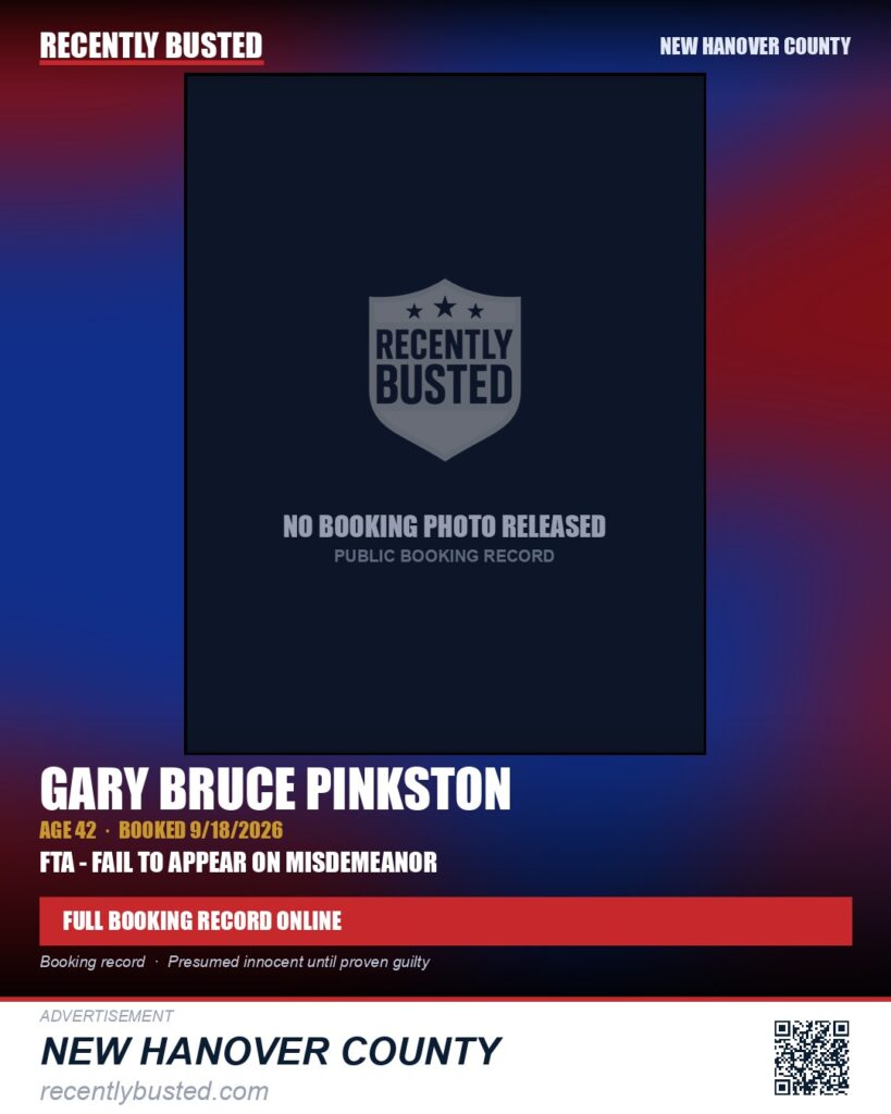 GARY BRUCE PINKSTON — arrest record card, New Hanover County