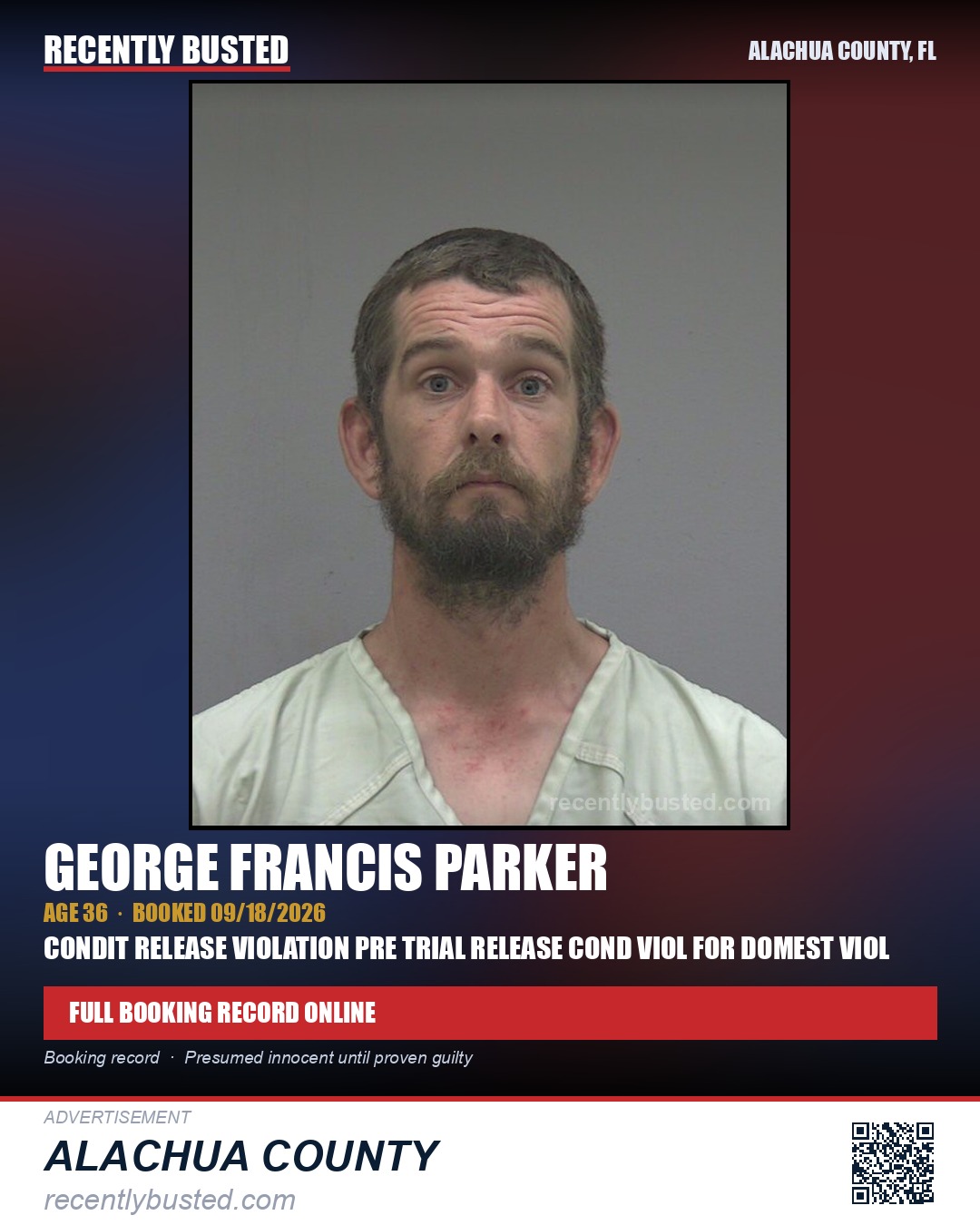 George Francis Parker — arrest record card, Alachua County, Florida