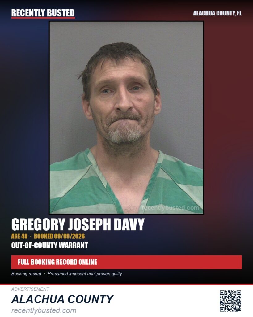 Gregory Joseph Davy — arrest record card, Alachua County, Florida