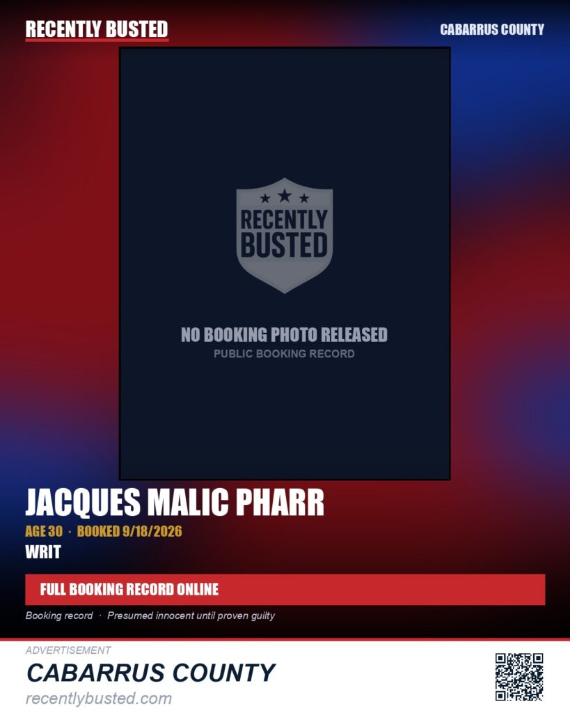 JACQUES MALIC PHARR — arrest record card, Cabarrus County