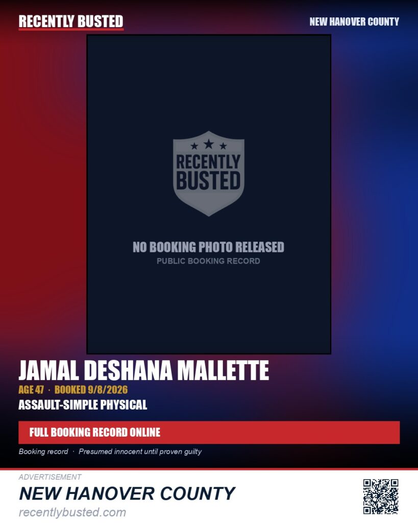JAMAL DESHANA MALLETTE — arrest record card, New Hanover County