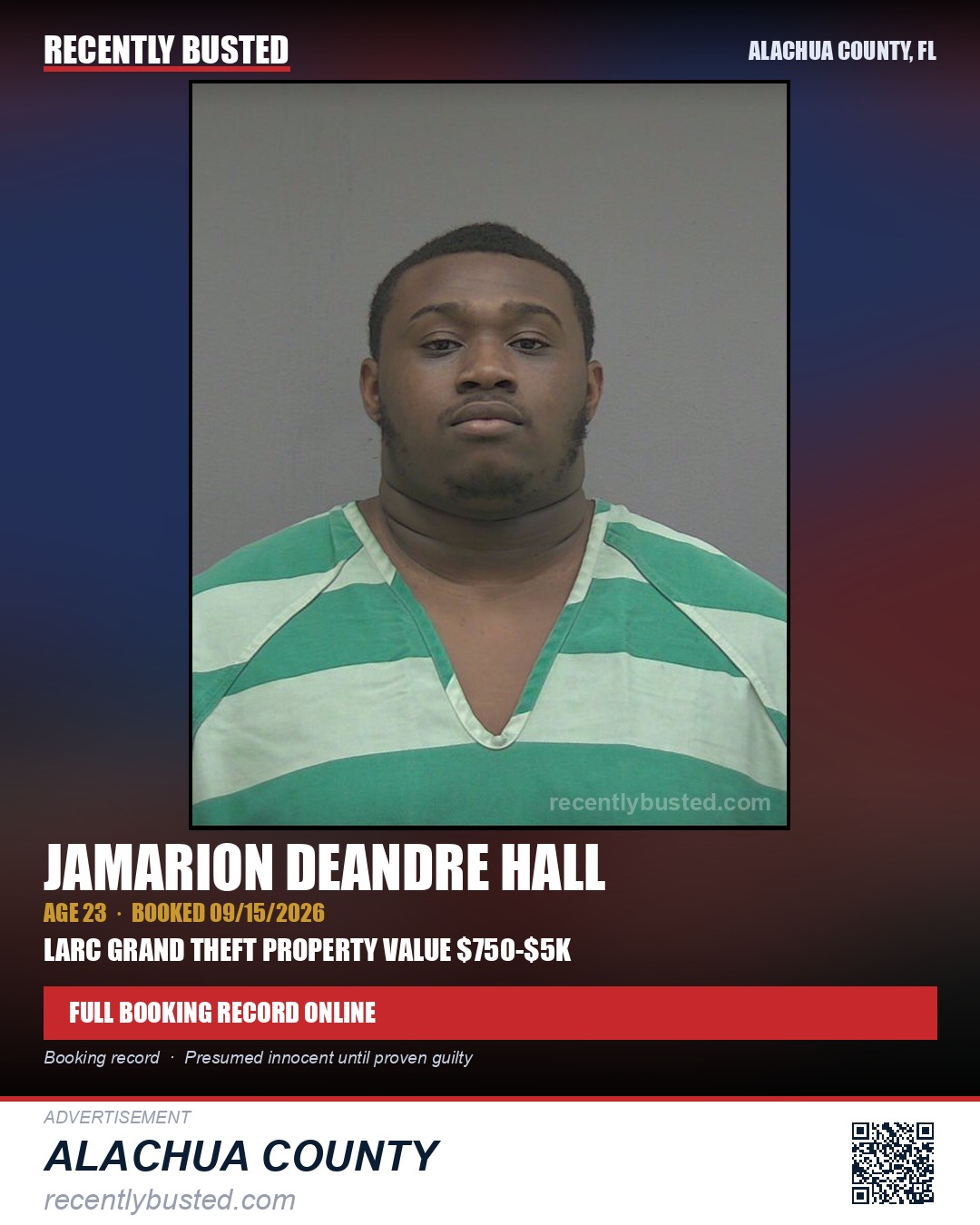 Jamarion Deandre Hall — arrest record card, Alachua County, Florida