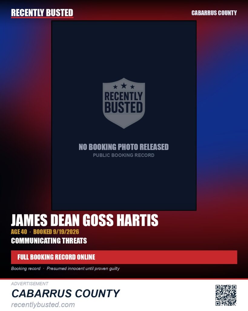 JAMES DEAN GOSS HARTIS — arrest record card, Cabarrus County