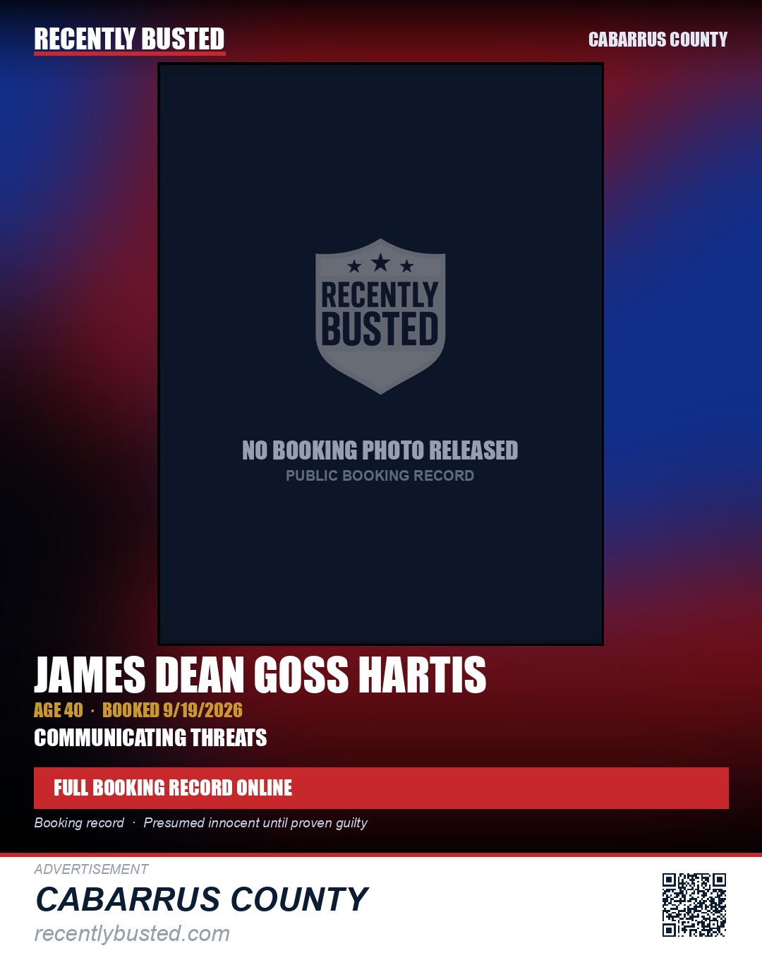 JAMES DEAN GOSS HARTIS — arrest record card, Cabarrus County