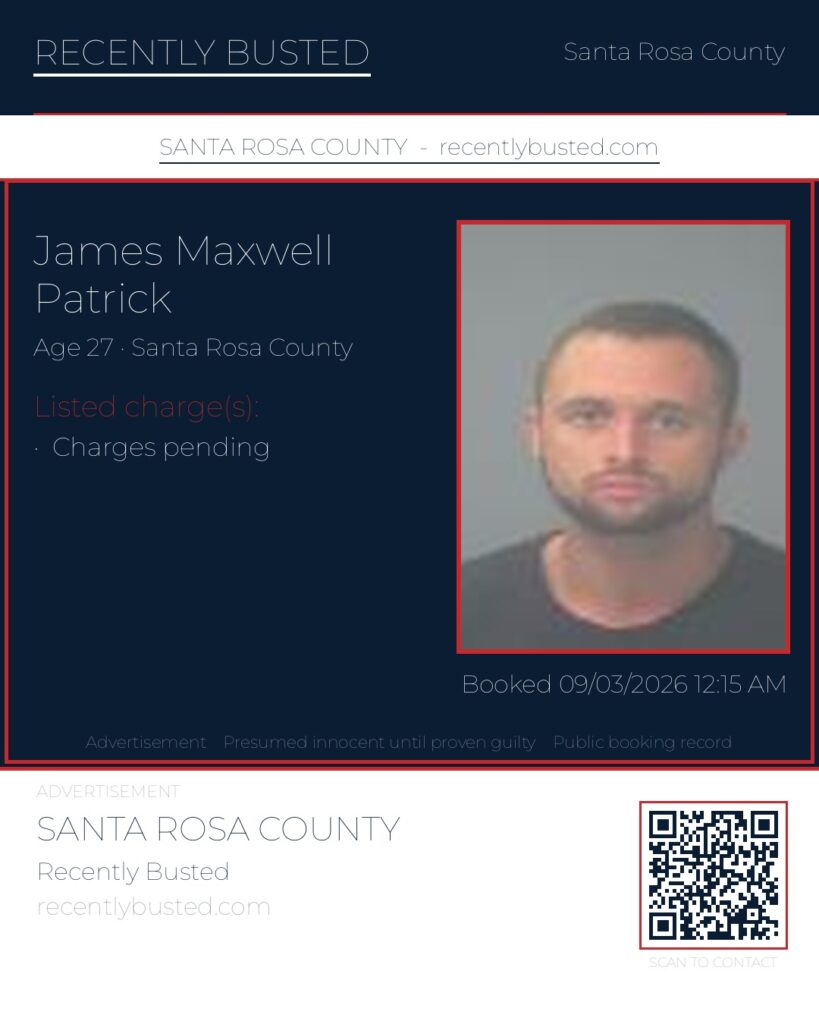 James Maxwell Patrick — arrest record card, Santa Rosa County, Florida