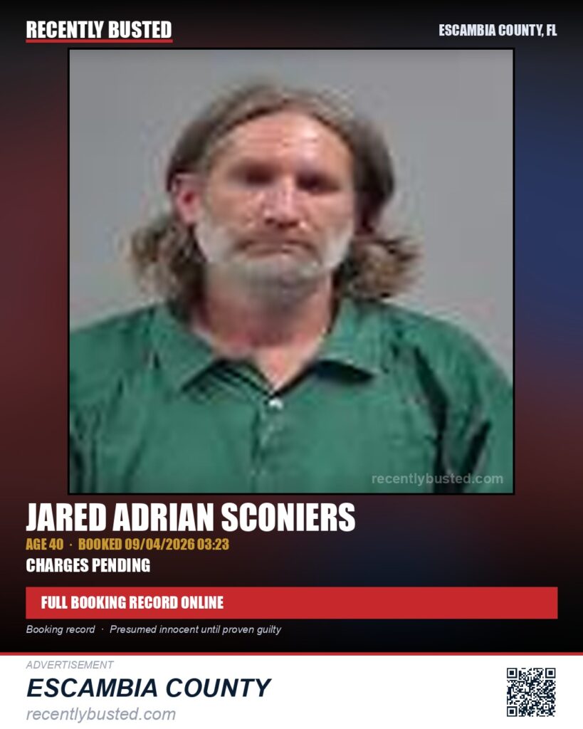 Jared Adrian Sconiers — arrest record card, Escambia County, Florida