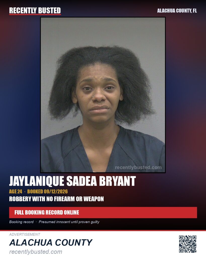 Jaylanique Sadea Bryant — arrest record card, Alachua County, Florida