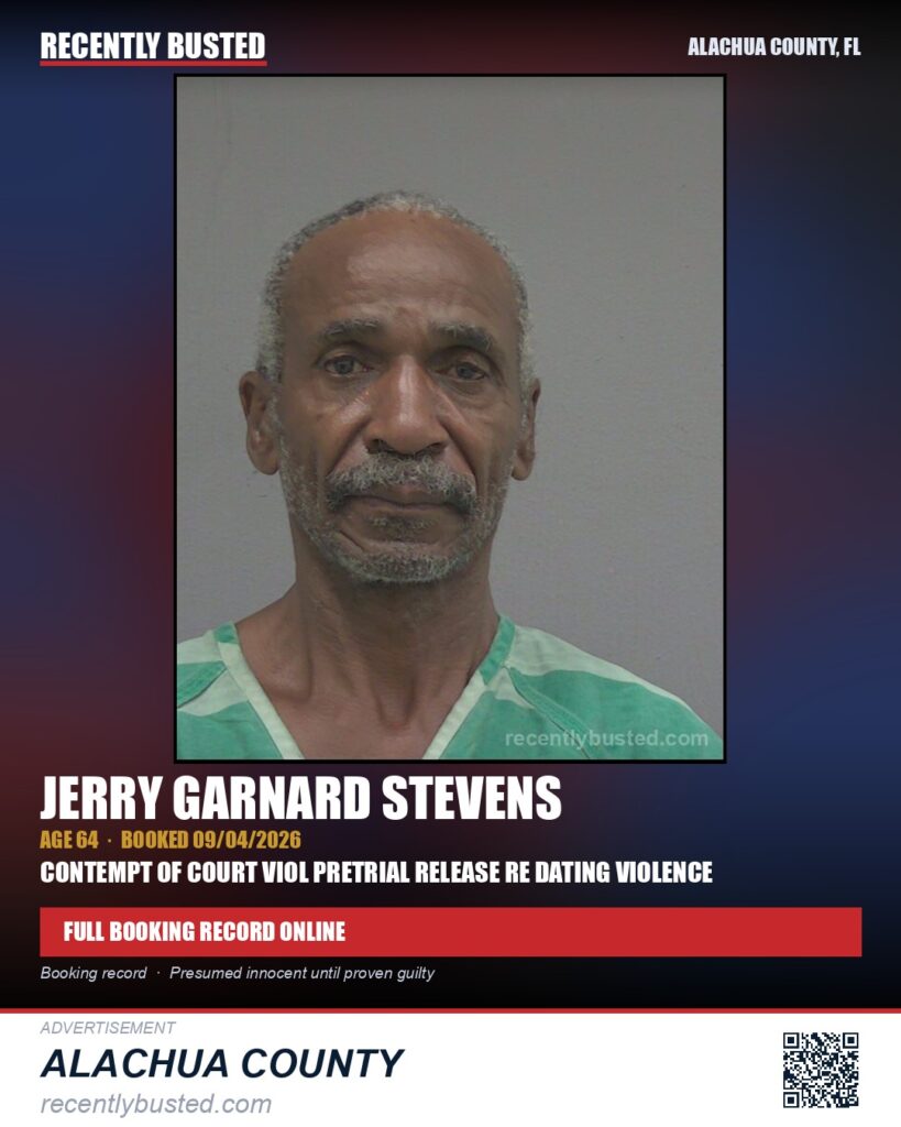 Jerry Garnard Stevens — arrest record card, Alachua County, Florida
