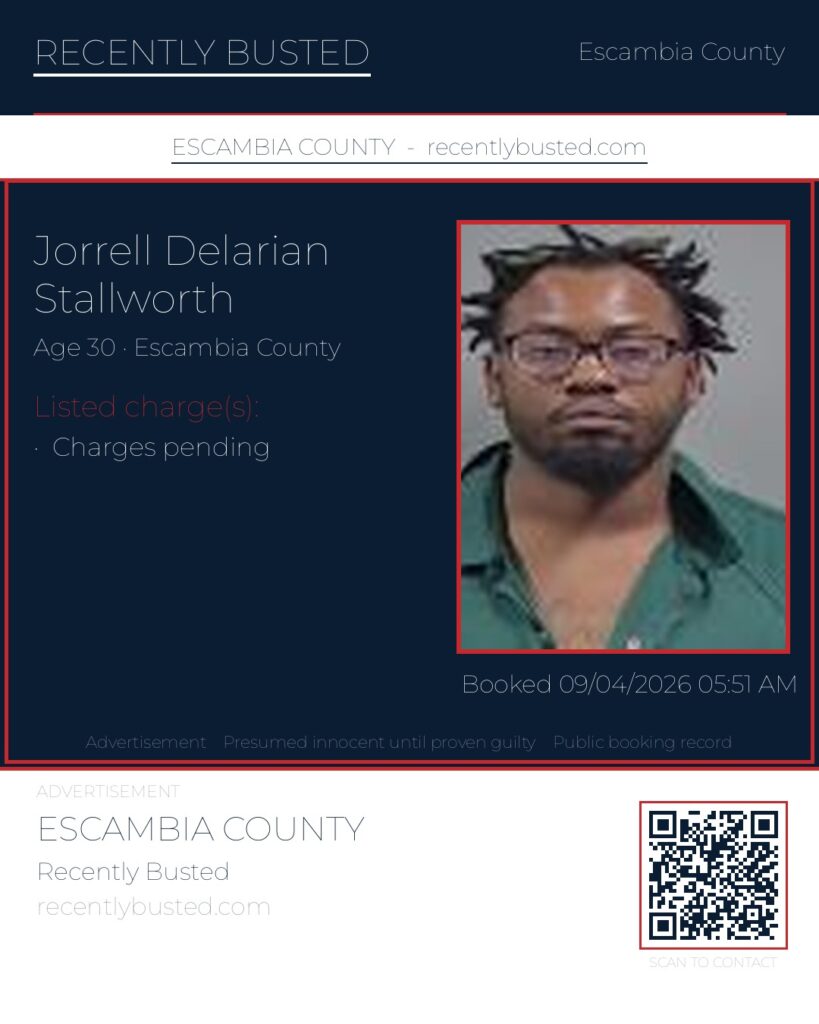 Jorrell Delarian Stallworth — arrest record card, Escambia County, Florida