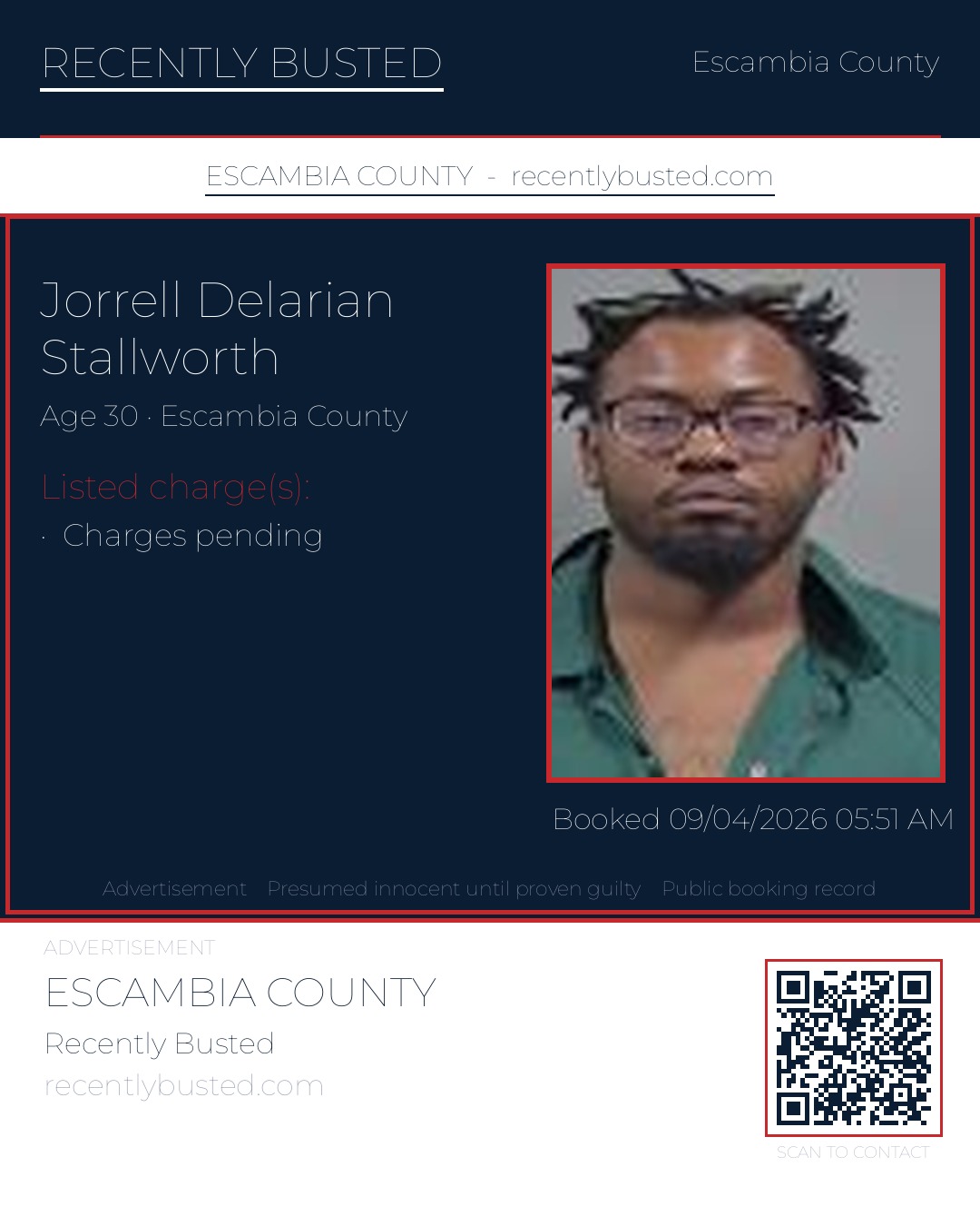 Jorrell Delarian Stallworth — arrest record card, Escambia County, Florida