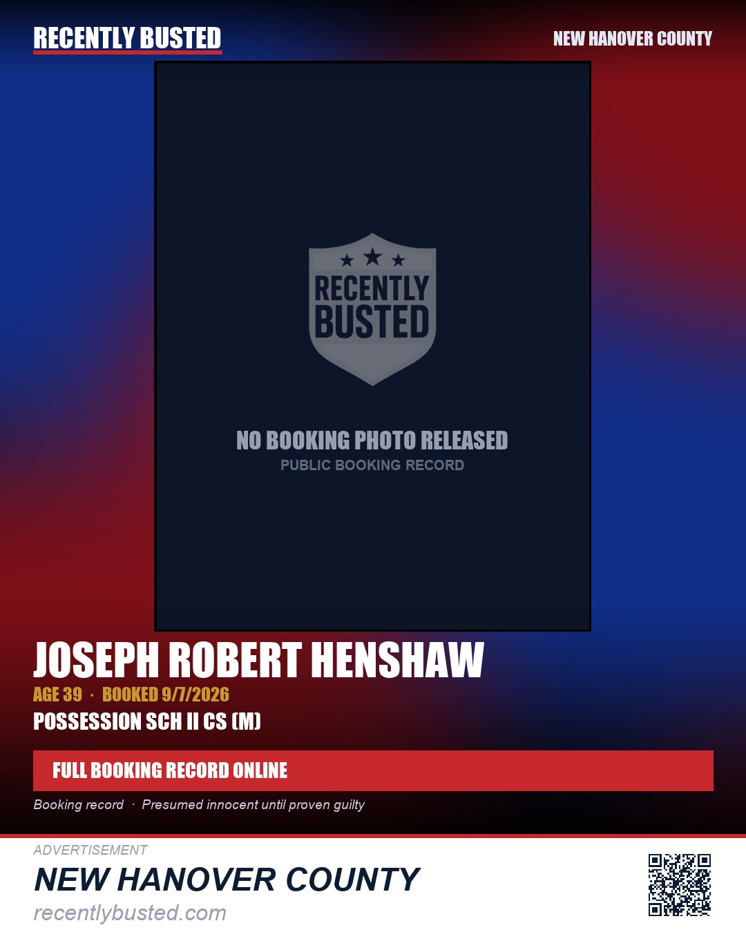JOSEPH ROBERT HENSHAW — arrest record card, New Hanover County