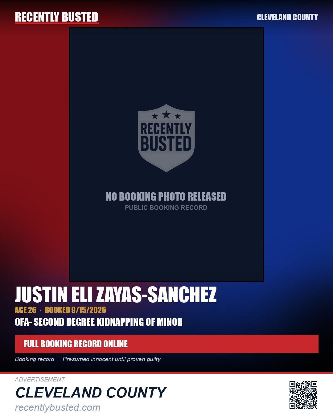 JUSTIN ELI ZAYAS-SANCHEZ — arrest record card, Cleveland County